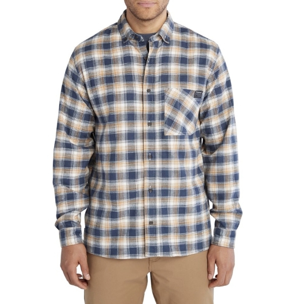 Timberland Pro Woodfort Mens Flannel Shirt Blue Plaid Long Sleeve Button Up Sz L